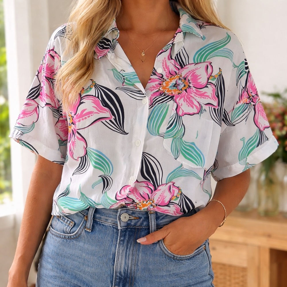 Levi’s Tropical Floral Button Up Blouse Pink Green Relaxed Fit Shirt L
